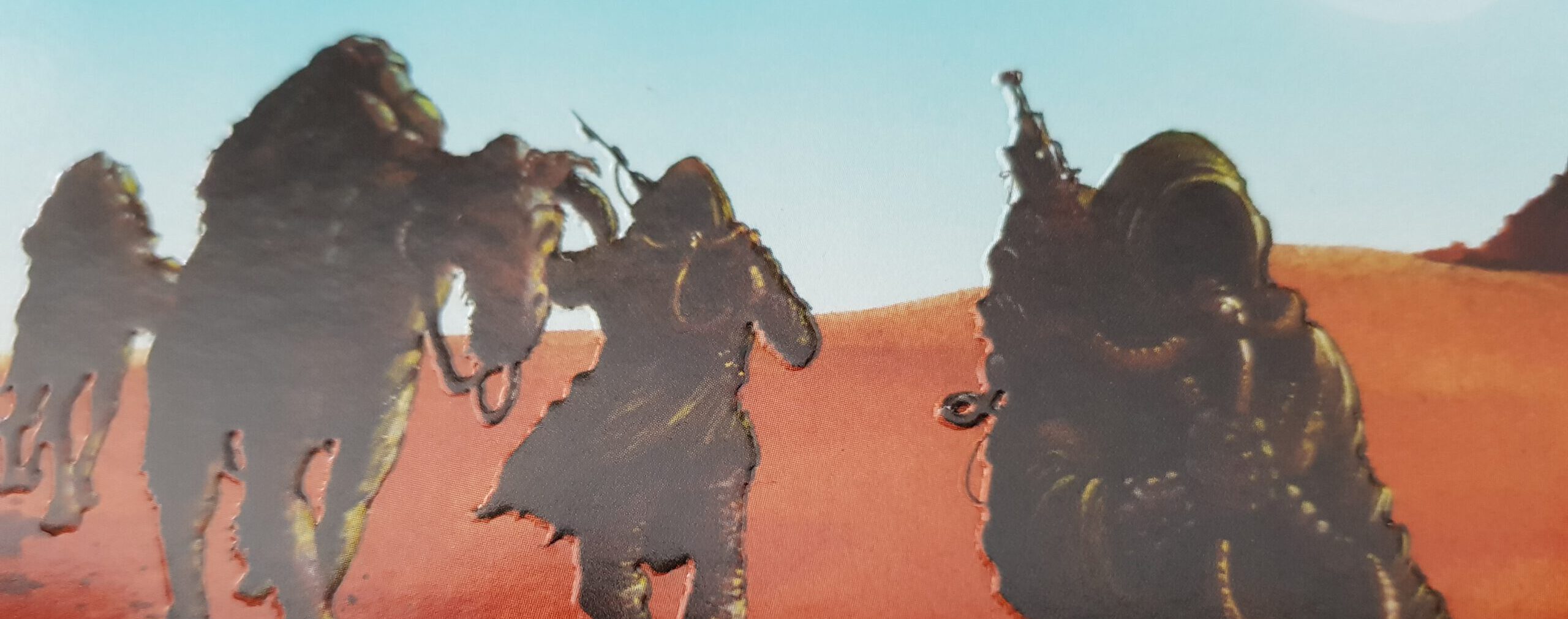 KREA - watercolor of 4 cloaked donald trumps riding alien camels on the  album cover art of dopesmoker by sleep, gas mask, mars